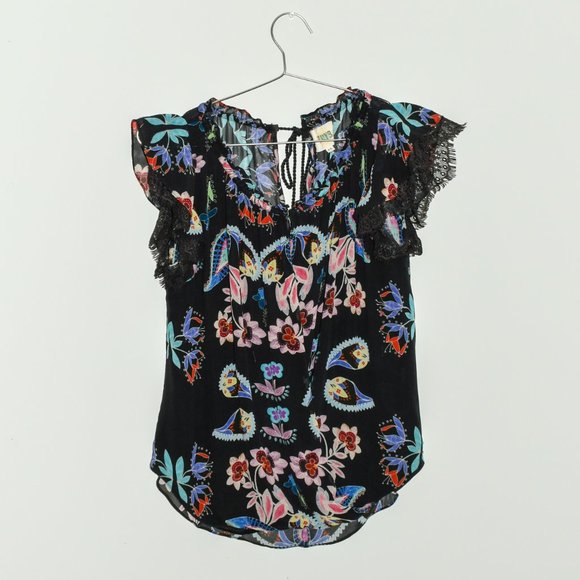 Dark Lacy Floral Paisley Printed Silk Lace Ruffle Sleeve Blouse - Picture 10 of 10